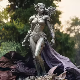a statue of a woman in a full body suit is shown in front of a pile of crumpled material