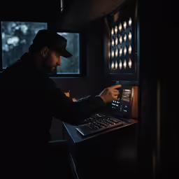 a man is operating his phone in the dark