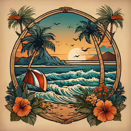 an artistic scene with palm trees and beach at sunset,an ocean scene with a sunset and palm trees