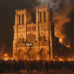 a crowd of people standing outside of a large cathedral
