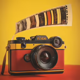 an old style kodak camera sitting against a yellow backdrop