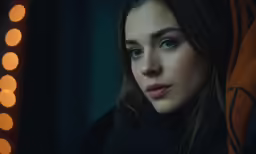 a woman staring into the camera with bright lights