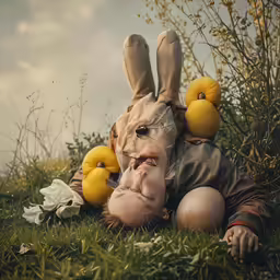 a person is dressed up as a rabbit in the grass