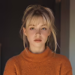 the woman is wearing a fuzzy orange sweater
