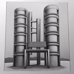 a chair sitting in front of a tall structure