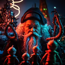 the wizard with a beard and white hair looks to the side