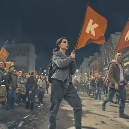 several protesters marching on a city street holding orange flags