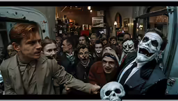 a crowded street filled with people with scary masks