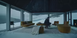 a woman in an overhanged living area with snow covered hills