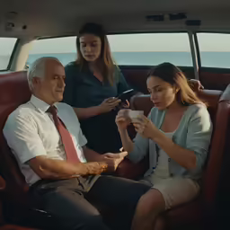 a woman and a man are sitting in a car, as another woman holds a cellphone