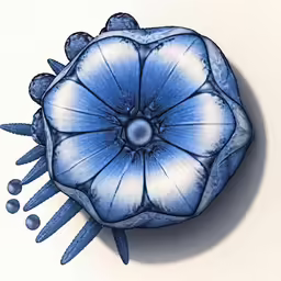 blue, white and black object with multiple spikes around it