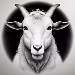 a goat with long horns looking into the camera
