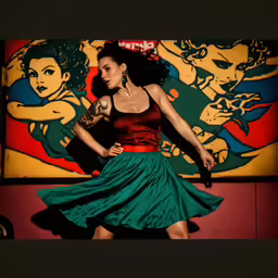 a woman in red and green dress with tattoo