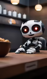 a robot with big eyes sitting on the table