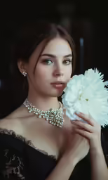 a woman in a dress holding a white flower and wearing an elegant choker