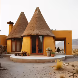 a building with several tall round roofs made of straw