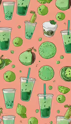a couple of cups that are next to each other,an apple and cucumber drink on a pink background