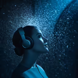 a woman wearing headphones with a dark background