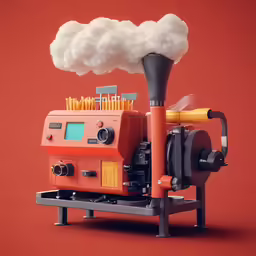 a white cloud floating over a machine against a red background