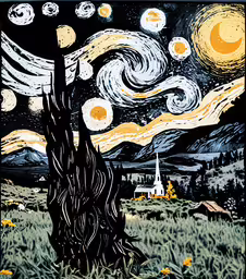 the starry night painting with an image of a tree,starry night over a field with a tree