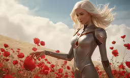 a woman in armor standing in a field of flowers