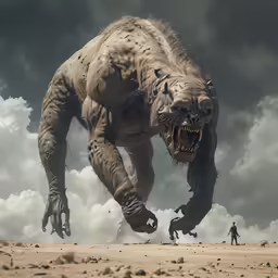 a person is standing near a monster like creature