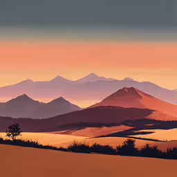 a landscape photograph of snow capped mountains and a golden sky,a painting of the sunset with mountains in the distance