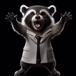 raccoon in suit and tie raising hands in air with open mouth
