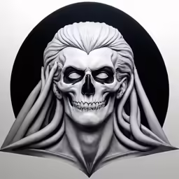a skull with black hair and a scary face