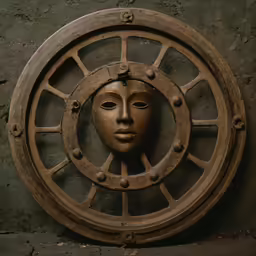 an antique circular mask on a wall