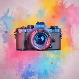 a camera on a colorful background with a spray painted backdrop