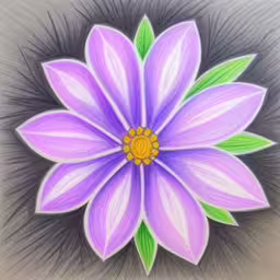 a flower with purple, green and white flowers,purple and green flower with long green leaves,a drawing of a flower in pastels,a drawing of a purple flower with green leaves,the large flower is painted with colored pencils