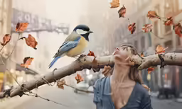a beautiful woman stands on the branch in front of a bird