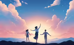 four people are standing on top of the hill