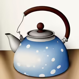 a blue kettle with a brown handle on top