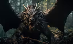 a black demonic monster with horns in the forest