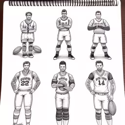 various football players drawn in a notebook,a sheet of paper with an image of different men and women,drawing of a different sports team,sketches of basketball players from different eras,a drawing of some different basketball players