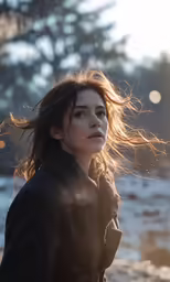 a woman with her hair in the wind