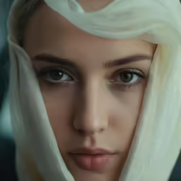 a close up view of a person wearing a veil