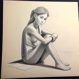 a drawing of a girl sitting on the ground,the drawing of a woman in dress is in color