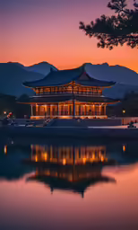 the building is illuminated at night while over water