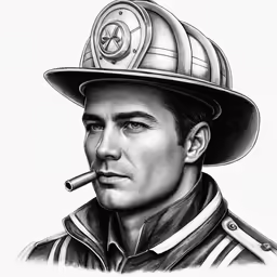 a man in a fire helmet holding a cigarette