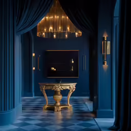 a blue room with a chandelier and a table in the middle
