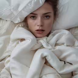 woman in bed with white sheets looking up