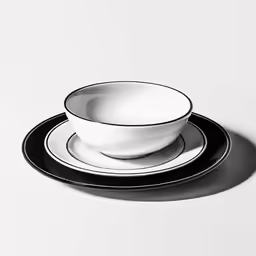 a white and black plate and bowl sitting next to each other