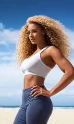 an attractive woman in white top and blue pants