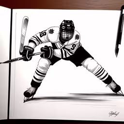 a drawing of a hockey player on the inside of a notebook,drawing of hockey player and bat, black on white