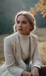 a woman is sitting in a field of grass and has her hair in a bun