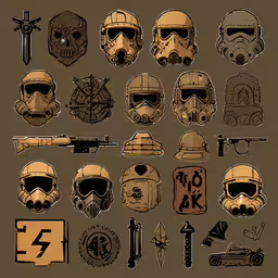 a set of different trooper mask and weapons,a bunch of star wars inspired items