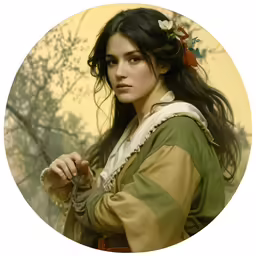 a beautiful woman holding a sword with trees in the background